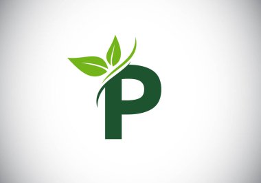 Baş harfleri P alfabesi, iki yapraklı. Yeşil, çevre dostu logo konsepti. Ekolojik iş ve şirket kimliği için modern vektör logosu