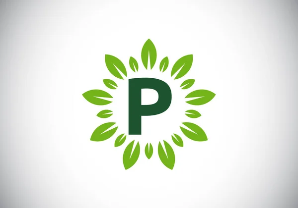 Alfabeto Inicial Letra Monograma Com Grinalda Folha Folha Verde Conceito — Vetor de Stock
