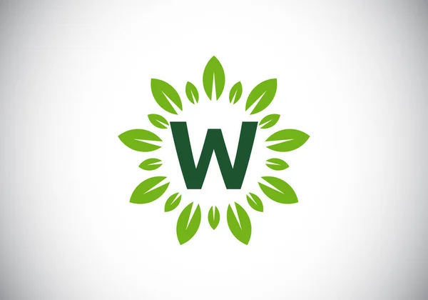 Eerste Monogram Letter Alfabet Met Bladkrans Groen Blad Bloem Logo — Stockvector