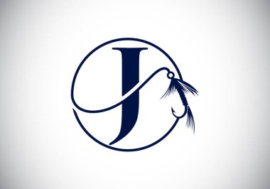 J harfinin baş harfli alfabesi ve olta iğnesi. Balık logosu konsepti vektör çizimi. Balıkçı dükkanı, iş yeri ve şirket kimliği için modern logo tasarımı