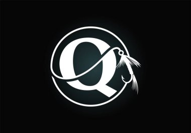 Q harfinin baş harfli alfabesi ve olta iğnesi. Balık logosu konsepti vektör çizimi. Balıkçı dükkanı, iş yeri ve şirket kimliği için modern logo tasarımı