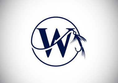 İlk W harfli harfli alfabe ve olta iğnesi. Balık logosu konsepti vektör çizimi. Balıkçı dükkanı, iş yeri ve şirket kimliği için modern logo tasarımı