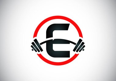 E harfiyle başlayan halterli baş harfler. Vektör logosu tasarımı kaldırılıyor. Vücut geliştirme, spor salonu, fitness kulübü, iş ve şirket kimliği için modern vektör logosu