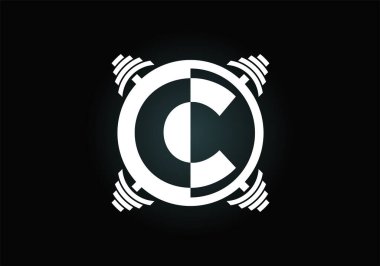 C harfinin baş harfleri halterli alfabe. Vektör logosu tasarımı kaldırılıyor. Vücut geliştirme, spor salonu, fitness kulübü, iş ve şirket kimliği için modern vektör logosu