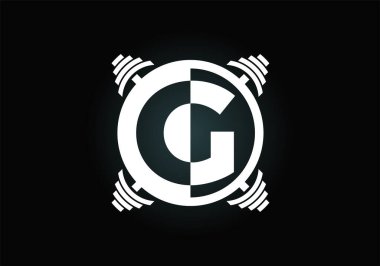 G harfiyle başlayan alfabe halterli. Vektör logosu tasarımı kaldırılıyor. Vücut geliştirme, spor salonu, fitness kulübü, iş ve şirket kimliği için modern vektör logosu