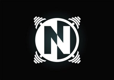 Bir halterli baş harfleri N harfleri alfabesi. Vektör logosu tasarımı kaldırılıyor. Vücut geliştirme, spor salonu, fitness kulübü, iş ve şirket kimliği için modern vektör logosu