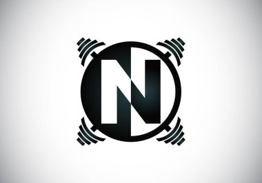 Bir halterli baş harfleri N harfleri alfabesi. Vektör logosu tasarımı kaldırılıyor. Vücut geliştirme, spor salonu, fitness kulübü, iş ve şirket kimliği için modern vektör logosu