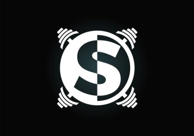 S harfinin baş harfleri, halterli alfabe. Vektör logosu tasarımı kaldırılıyor. Vücut geliştirme, spor salonu, fitness kulübü, iş ve şirket kimliği için modern vektör logosu
