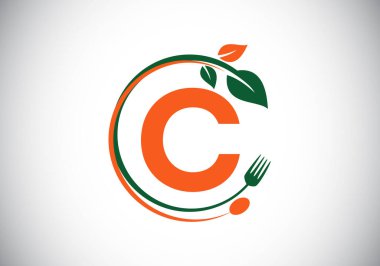 Çatal, kaşık ve yaprak ile C baş harfleri alfabesi. Sağlıklı, doğal, gıda logosu. Kafe, restoran, aşçılık işi ve şirket kimliği için modern vektör logosu