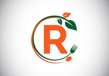 R harfinin baş harfleri, çatal, kaşık ve yaprak. Sağlıklı, doğal, gıda logosu. Kafe, restoran, aşçılık işi ve şirket kimliği için modern vektör logosu