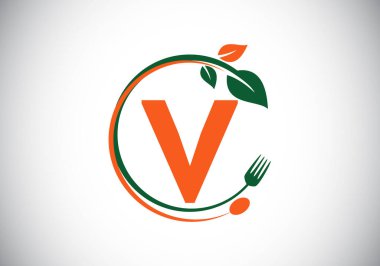 Çatal, kaşık ve yaprak ile V harfli alfabe. Sağlıklı, doğal, gıda logosu. Kafe, restoran, aşçılık işi ve şirket kimliği için modern vektör logosu
