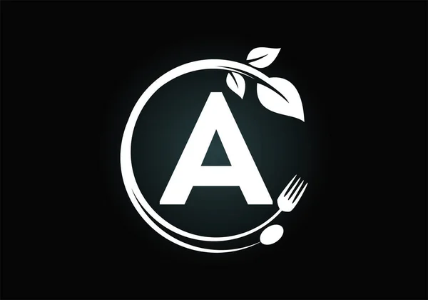 Początkowy Alfabet Monogramowy Widelcem Łyżką Liściem Zdrowe Naturalne Logo Żywności — Wektor stockowy