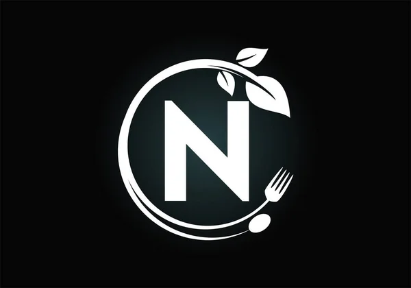 Początkowy Alfabet Widelcem Łyżką Liściem Zdrowe Naturalne Logo Żywności Nowoczesne — Wektor stockowy