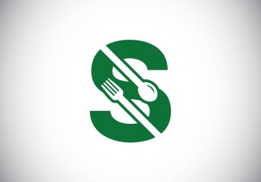 S harfinin baş harfleri, çatallı alfabe, kaşık. Yazı tipi amblemi. Kafe, restoran, aşçılık işi ve şirket kimliği için modern vektör logosu