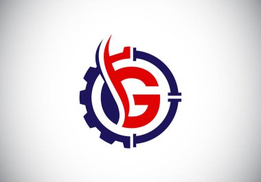 G harfiyle başlayan alfabe, dişli boru ve alevle birlikte. Petrol ve gaz logosu kavramı. Yazı tipi amblemi. Petrol işi ve şirket kimliği için modern vektör logosu