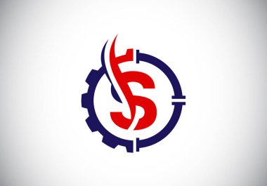 S harfinin baş harfleri alfabe ve dişli boru ve alev. Petrol ve gaz logosu kavramı. Yazı tipi amblemi. Petrol işi ve şirket kimliği için modern vektör logosu