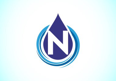 Bir spiral içinde su damlası olan ilk N harfli alfabe. Su damlası logosu tasarım vektör şablonu. Yazı tipi amblemi. İş ve şirket kimliği için modern vektör logosu