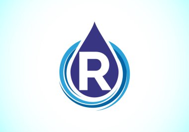 R harfinin baş harfleri alfabede su damlası şeklinde. Su damlası logosu tasarım vektör şablonu. Yazı tipi amblemi. İş ve şirket kimliği için modern vektör logosu