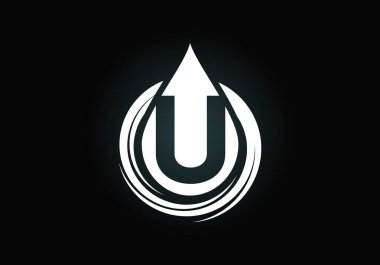 İlk U harfli alfabe, sarmal içinde su damlası var. Su damlası logosu tasarım vektör şablonu. Yazı tipi amblemi. İş ve şirket kimliği için modern vektör logosu