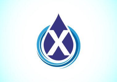 Baş harfleri X harfli alfabe ve sarmal içinde su damlası var. Su damlası logosu tasarım vektör şablonu. Yazı tipi amblemi. İş ve şirket kimliği için modern vektör logosu