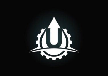 İlk U harfli alfabe, vites kolu ve yağlı. Petrol ve gaz logosu kavramı. Yazı tipi amblemi. Petrol işi ve şirket kimliği için modern vektör logosu