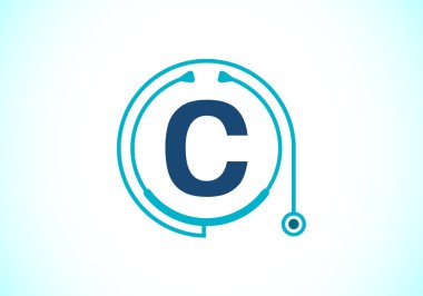 Doktor stetoskop ile C baş harfleri alfabesi. Vektör steteskop logosu veya simgesi. Tıbbi ve ilaç sektörü ve şirket kimliği logosu