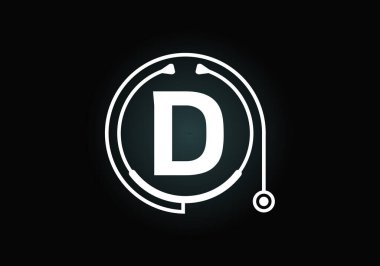 Doktor steteskoplu D harfli alfabe. Vektör steteskop logosu veya simgesi. Tıbbi ve ilaç sektörü ve şirket kimliği logosu