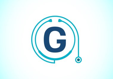 Doktor steteskop ile G harfinin baş harfleri. Vektör steteskop logosu veya simgesi. Tıbbi ve ilaç sektörü ve şirket kimliği logosu