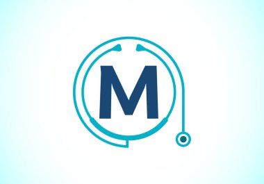 Doktor stetoskopla baş harfleri M harfleri alfabesi. Vektör steteskop logosu veya simgesi. Tıbbi ve ilaç sektörü ve şirket kimliği logosu