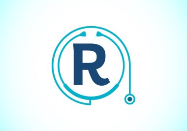 Doktor stetoskop ile R baş harfleri alfabesi. Vektör steteskop logosu veya simgesi. Tıbbi ve ilaç sektörü ve şirket kimliği logosu