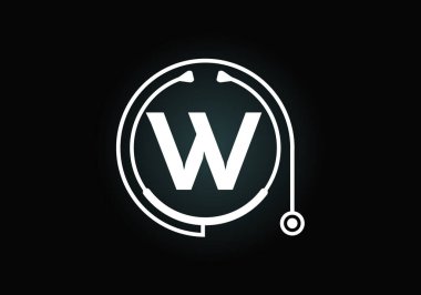 Doktor steteskoplu W harfli alfabe. Vektör steteskop logosu veya simgesi. Tıbbi ve ilaç sektörü ve şirket kimliği logosu