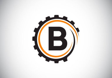 Bir dişli sarmalı içinde ilk B monogram alfabesi. Vites mühendisi logosu tasarımı. Otomotiv, mekanik, teknoloji, ayar, tamir işi ve şirket kimliği logosu