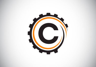 C harfinin baş harfleri alfabe şeklinde ve dişli sarmal şeklinde. Vites mühendisi logosu tasarımı. Otomotiv, mekanik, teknoloji, ayar, tamir işi ve şirket kimliği logosu