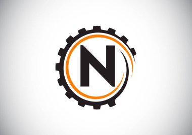 Bir dişli sarmalı içinde baş harfleri N harfleri alfabesi. Vites mühendisi logosu tasarımı. Otomotiv, mekanik, teknoloji, ayar, tamir işi ve şirket kimliği logosu