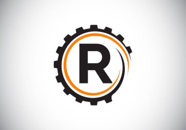 R harfinin baş harfleri bir dişli sarmalı içinde. Vites mühendisi logosu tasarımı. Otomotiv, mekanik, teknoloji, ayar, tamir işi ve şirket kimliği logosu