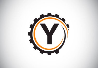 Y harfinin baş harfleri alfabe şeklinde ve dişli sarmal şeklinde. Vites mühendisi logosu tasarımı. Otomotiv, mekanik, teknoloji, ayar, tamir işi ve şirket kimliği logosu