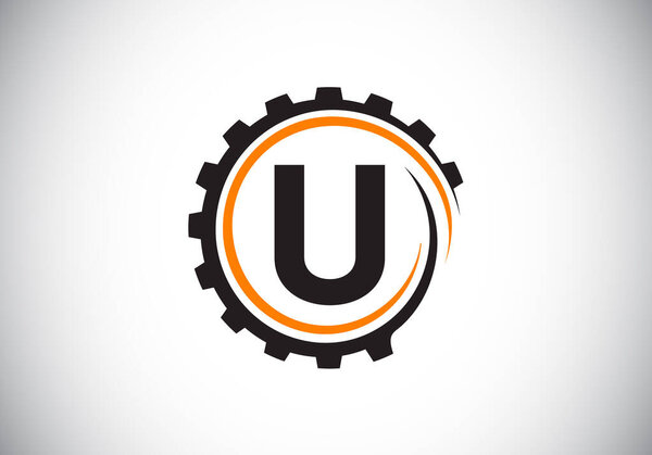 Initial U monogram alphabet in a gear spiral. Gear engineer logo design. Logo for automotive, mechanical, technology, setting, repair business, and company identity