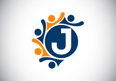 İnsanları birbirine bağlayan J harfli monogram alfabesi. Takım, İşbirliği logosu işareti. Yazı tipi amblemi. Şirket ortaklığı ve harika işler için logo.