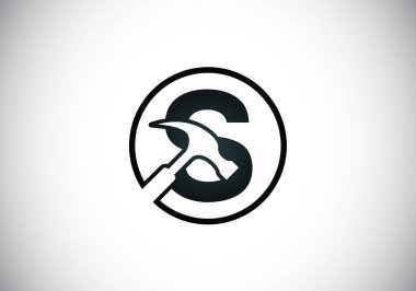 Çekiçle S harfinin baş harfleri alfabede. Tamir, yenileme ve inşaat logosu. İnşaat işi ve şirket kimliği için modern vektör logosu