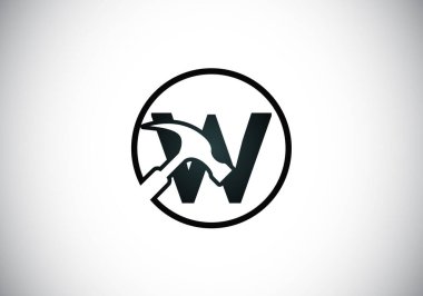 W harfinin baş harfli alfabesi, çekiçle. Tamir, yenileme ve inşaat logosu. İnşaat işi ve şirket kimliği için modern vektör logosu