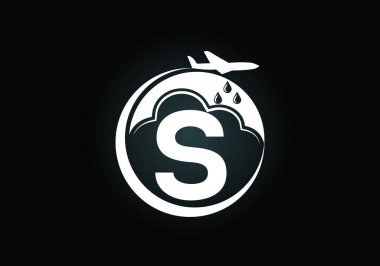 S harfinin baş harfleri, bir uçak ve bulutlu alfabe. Yapay yağmur yapma. Bulut tohumlama logosu. İş için modern vektör logosu ve şirket kimliği