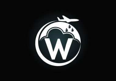 W harfli alfabede bir uçak ve bulut var. Yapay yağmur yapma. Bulut tohumlama logosu. İş için modern vektör logosu ve şirket kimliği
