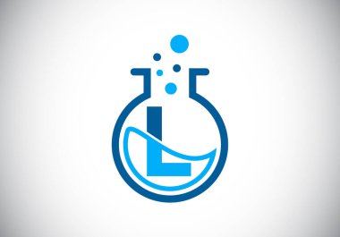Laboratuvar camı, kimyasal sıvı ve baloncuklu L harfleri alfabesi. Laboratuar logosu. Bilim logosu, teknoloji sektörü ve şirket kimliği.