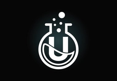 Laboratuvar camı, kimyasal sıvı ve baloncuklu U harfli alfabe. Laboratuar logosu. Bilim logosu, teknoloji sektörü ve şirket kimliği.