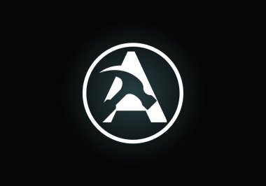 Baş harfleri A harfli alfabe ve çekiç. Tamir, yenileme ve inşaat logosu. İnşaat işi ve şirket kimliği için modern vektör logosu
