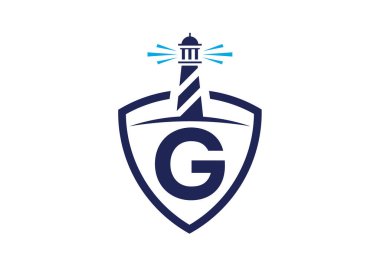 Feneri olan bir kalkanda G harfiyle başlayan alfabe. Liman logosu. Yazı tipi amblemi. İş, organizasyon veya web sitesi için modern vektör fener logosu