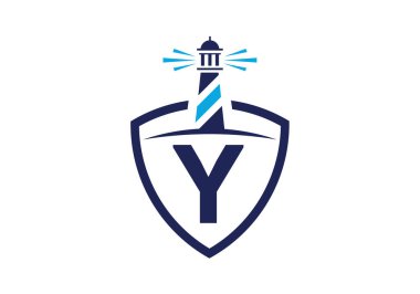 Y harfiyle başlayan alfabe, deniz feneriyle birlikte bir kalkanda. Liman logosu. Yazı tipi amblemi. İş, organizasyon veya web sitesi için modern vektör fener logosu
