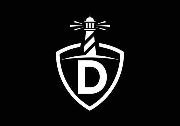 Alfabeto Inicial Monograma Num Escudo Com Farol Logotipo Porto Símbolo — Vetor de Stock