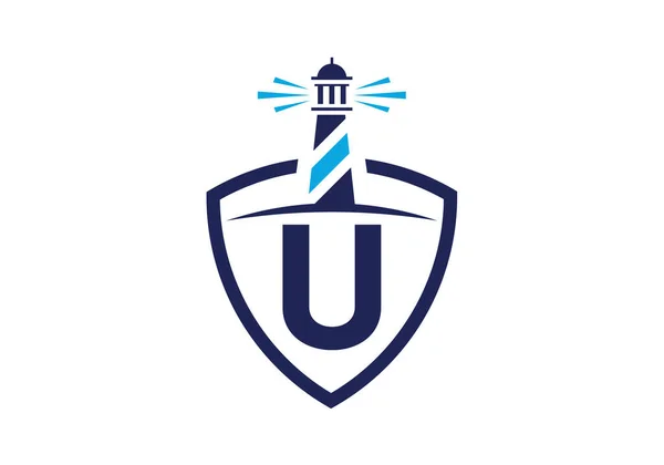 Alfabeto Inicial Monograma Num Escudo Com Farol Logotipo Porto Símbolo — Vetor de Stock