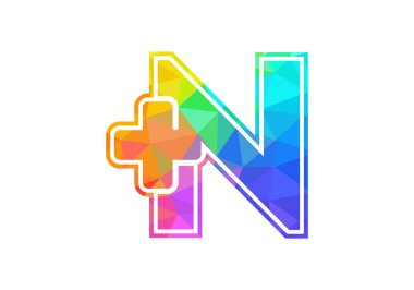 Üzerinde artı logo işareti olan baş harfleri N harfleri alfabesi. Düşük polimerli sanat tarzı. Yazı tipi amblemi. Tıbbi veya sağlık sektörü ve şirket kimliği için modern vektör logosu